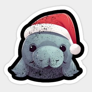 manatee in a Christmas hat distressed Sticker